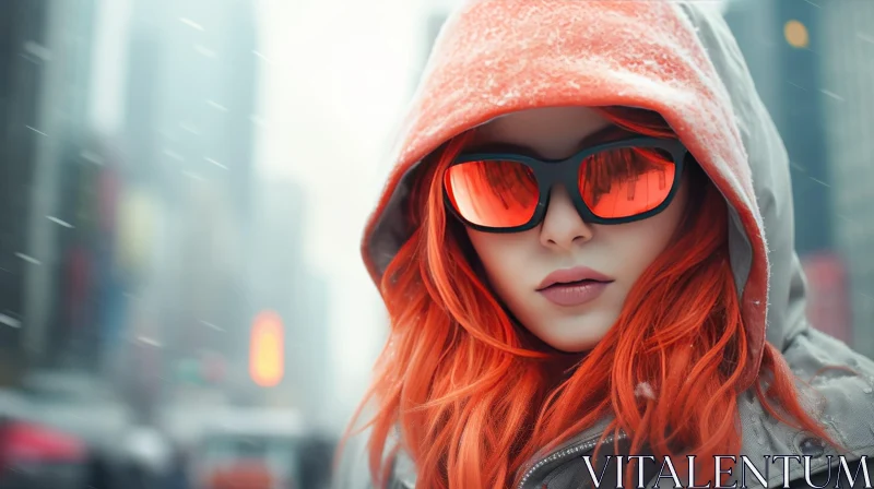 Red-Haired Woman in Grey Jacket on Snowy City Street AI Image