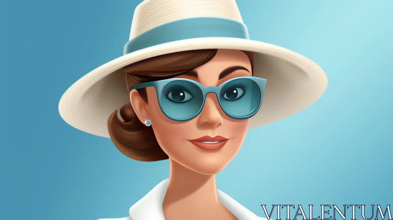 Stylish Young Woman with Summer Hat and Sunglasses AI Image