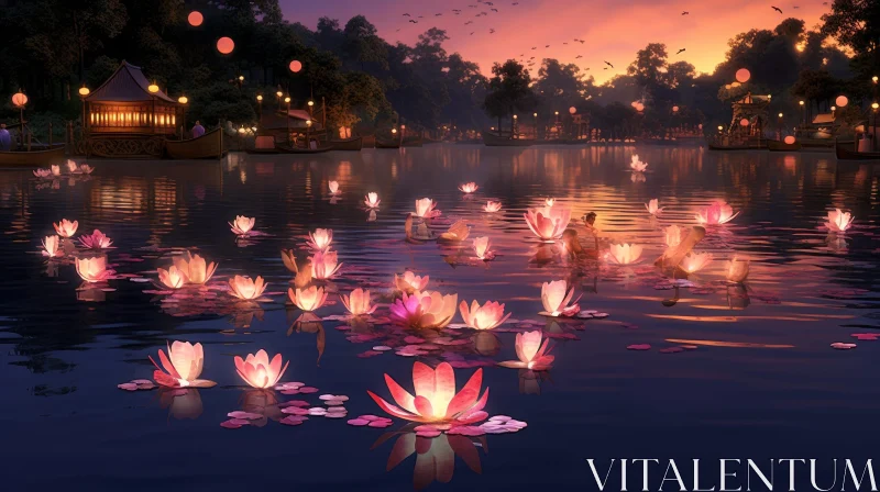 Tranquil Night Lake with Lotus Flower Lanterns AI Image