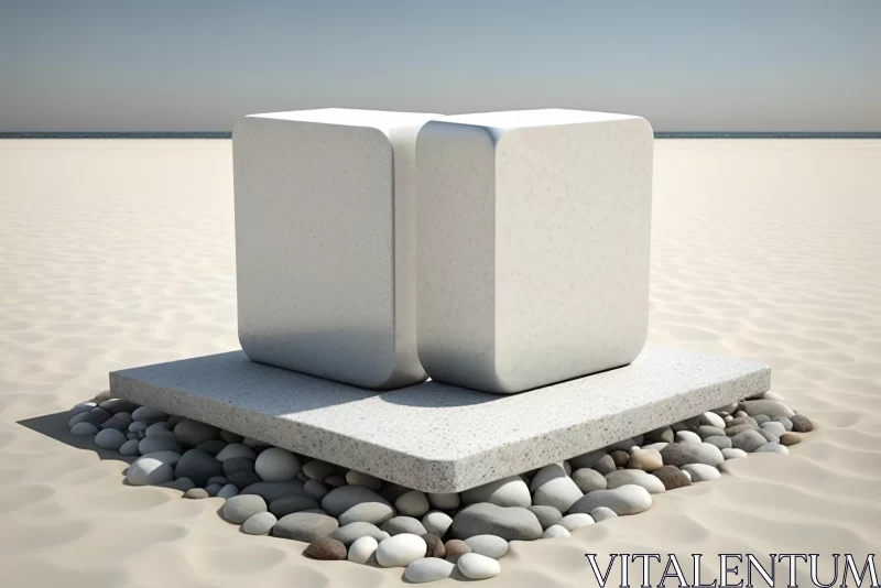 White Cubic Sculpture on Beach | Realistic Stone Art AI Image