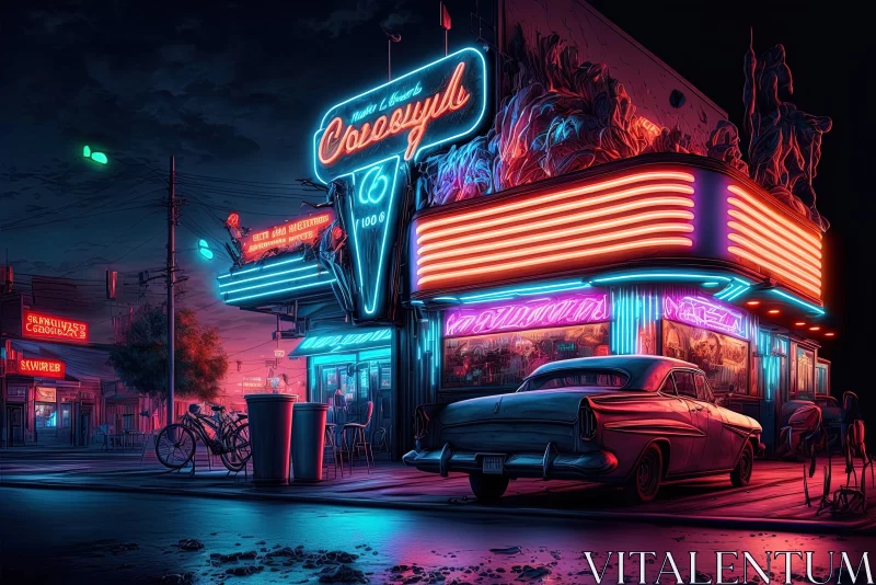 Captivating Night Scene with Neon Lights and Cars | Hyper-Detailed Illustration AI Image