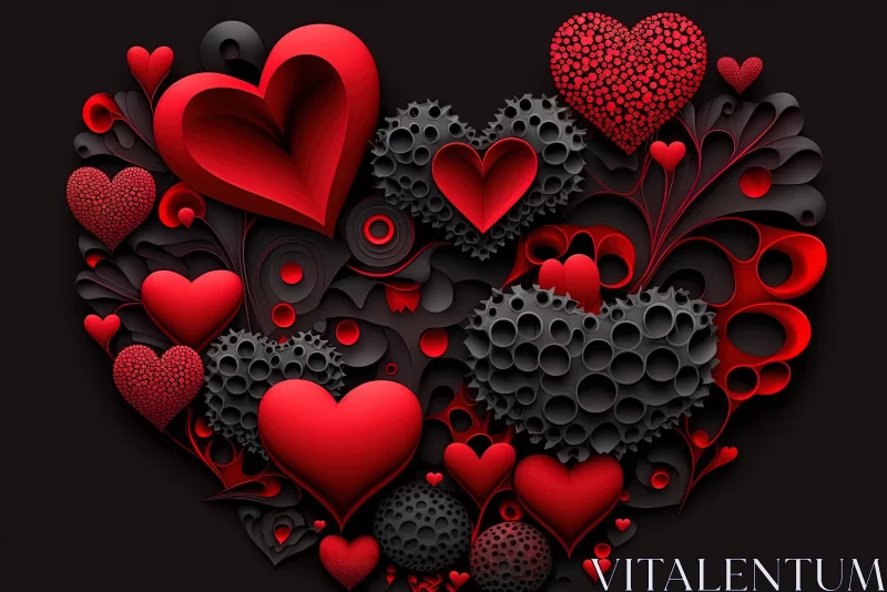 Captivating Red Hearts on Black Background - Whimsical Sculpted Artwork AI Image