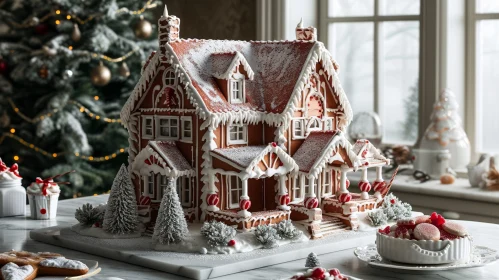 Festive Gingerbread House with Christmas Tree and Presents