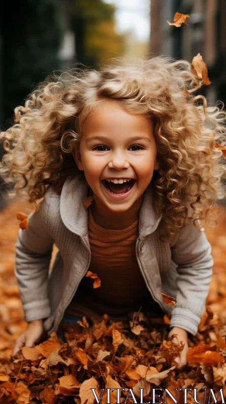 Joyful Little Girl in Fallen Leaves AI Image