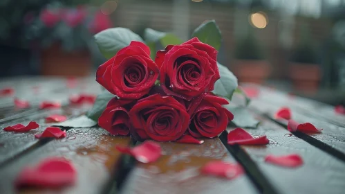 Red Roses with Water Drops on Wooden Table