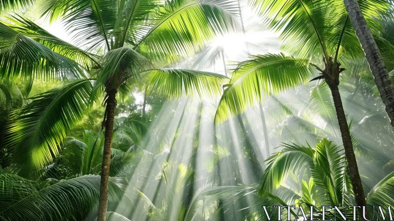 Tropical Jungle with Tall Palm Trees and Sunlight AI Image