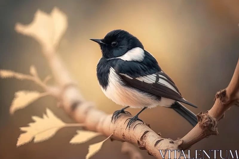 Black and White Bird Perched on Branch - Cute and Dreamy AI Image