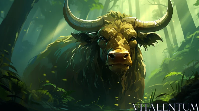 AI ART Bull in Forest - Realistic Digital Painting