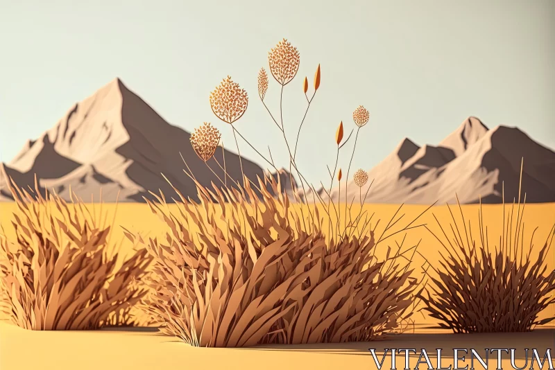 3D Rendered Grass in Desert with Mountain Range - Abstracted Botanical Illustrations AI Image