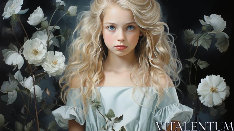 Beautiful Young Girl Portrait with Blonde Hair and Blue Eyes AI Image