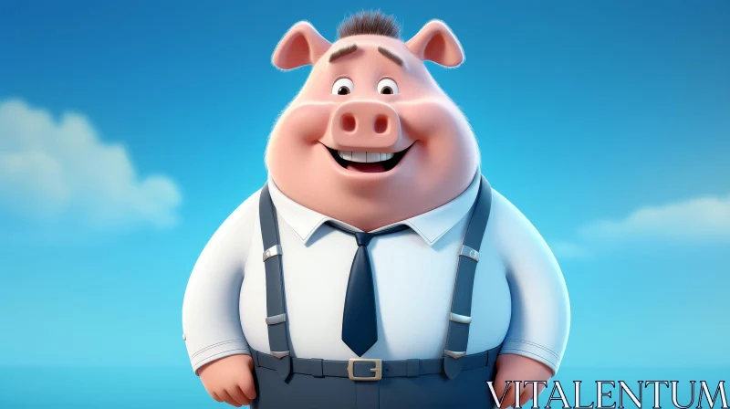 Cheerful 3D Cartoon Pig in White Shirt and Tie AI Image