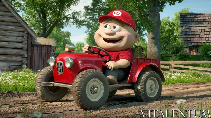 Cheerful Cartoon Character Driving Red Tractor in Field AI Image