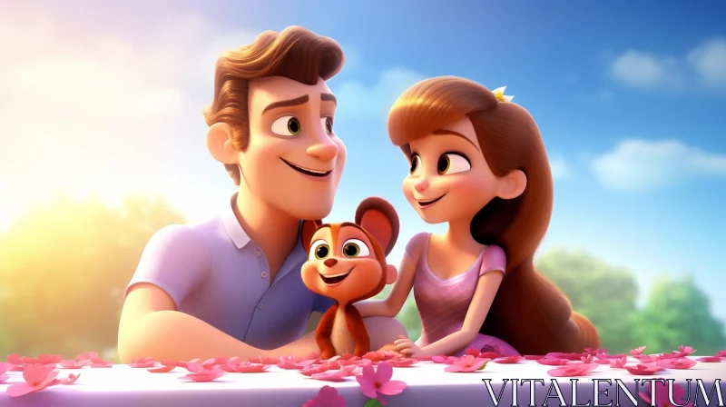 Cheerful Cartoon Family in Garden - 3D Rendering AI Image
