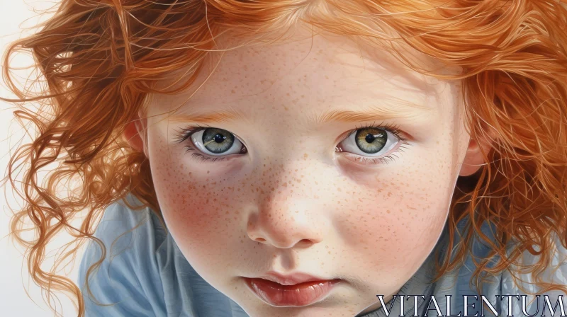 AI ART Curly Red-Haired Girl Portrait in Blue Shirt