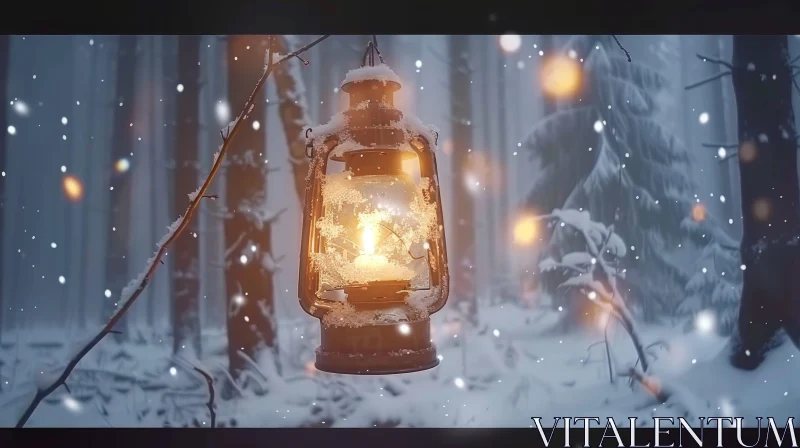Enchanting Lantern in Snowy Forest AI Image