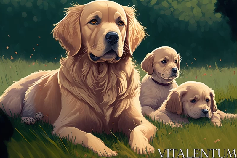 Golden Retriever Dog Game in Field - Charming Children's Book Illustrations AI Image