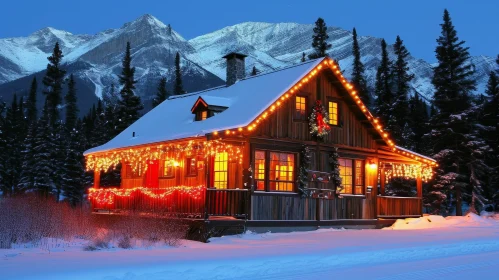 Snowy Forest Cabin with Christmas Lights and Mountain View