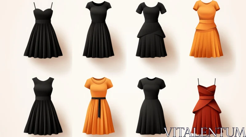 Stylish Collection of Eight Dresses - Black and Orange AI Image