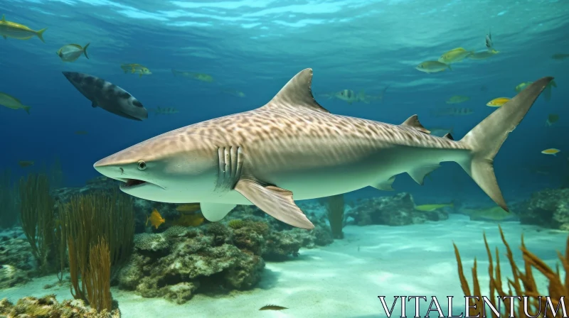 Tiger Shark Swimming in Colorful Coral Reef AI Image