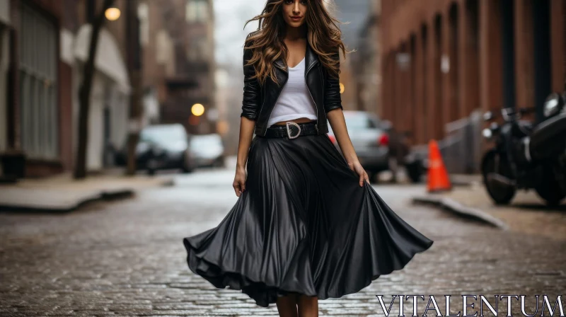 Urban Fashion Woman on Cobblestone Street AI Image