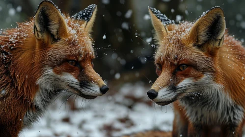 Intense Encounter: Red Foxes in Snow-Covered Forest