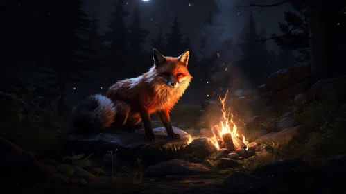 Majestic Red Fox by Campfire in Dark Forest