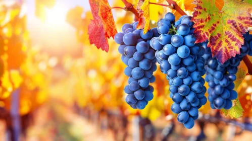 Ripe Blue Grapes in Autumn Vineyard