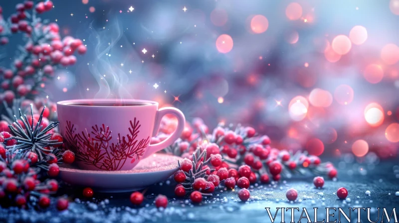 Winter Tea Cup Scene in Snowy Forest AI Image