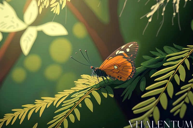 Captivating Orange Butterfly on Tree Branch | Detailed Character Illustrations AI Image