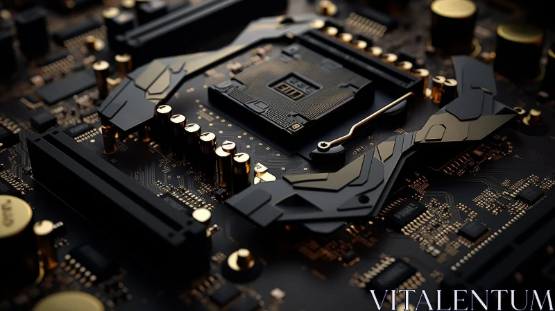 Detailed View of Black and Gold Computer Motherboard AI Image