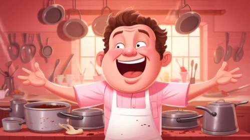Joyful Chef in Pink Shirt Standing in Kitchen
