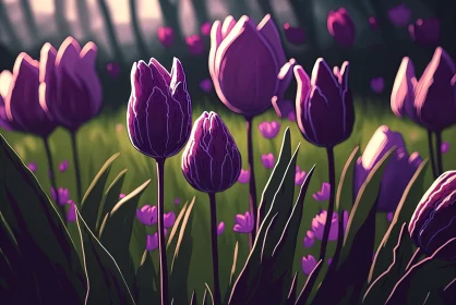 Purple Tulips in Green Field - Detailed Character Illustrations