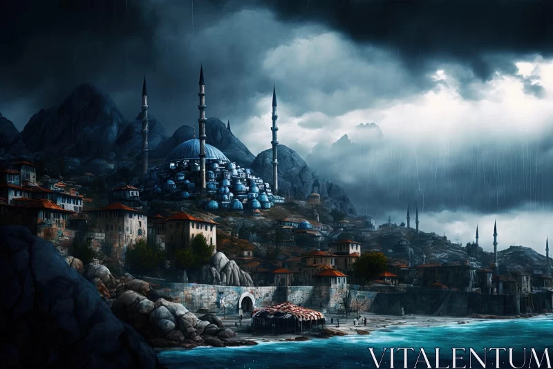 Stormy City: Ottoman Art Inspired Hyperrealistic Fantasy AI Image