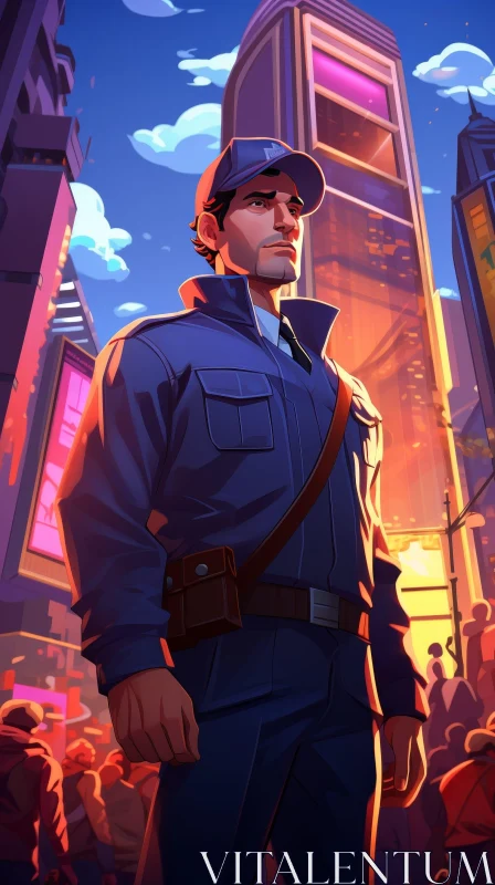 Urban City Street Scene with Man in Blue Uniform AI Image