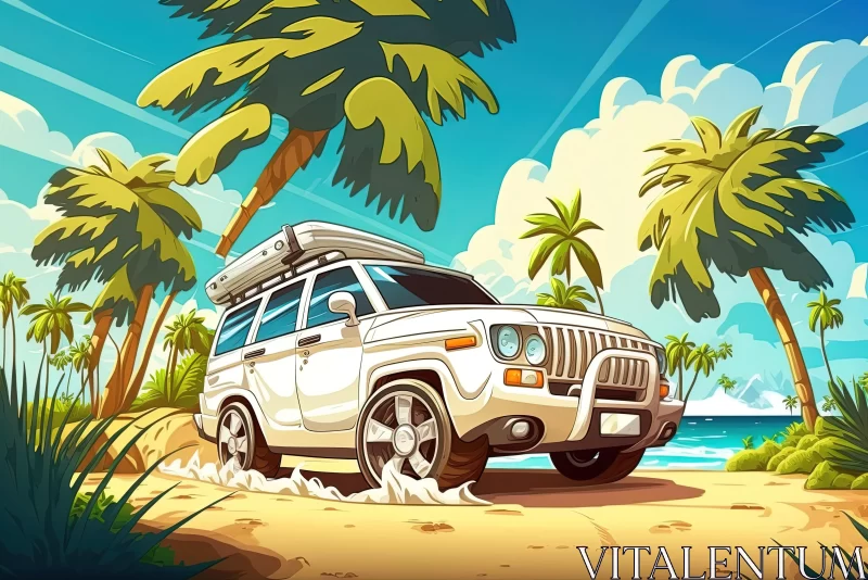 White SUV Driving on Beach with Palm Trees - Captivating Cartoon Composition AI Image