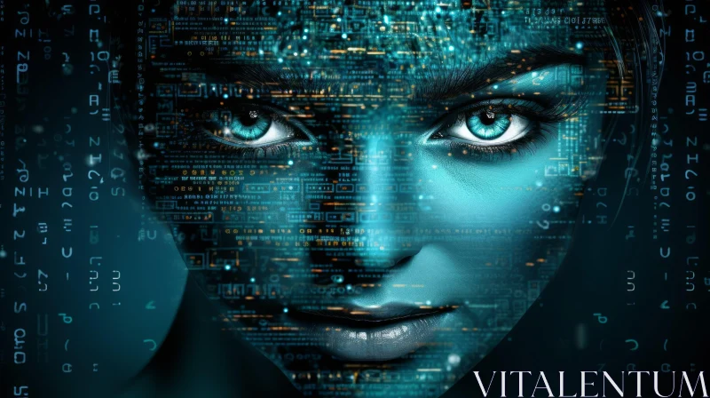 Futuristic Portrait: Young Woman with Blue Eyes and Circuit Board Pattern AI Image