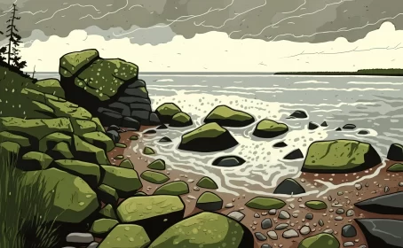 Stormy Watery Landscape with Rocks - Bold Outlines and Flat Colors