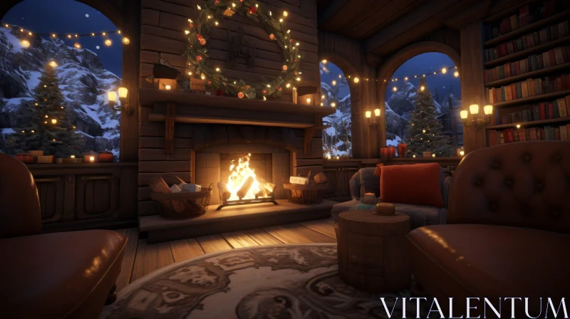 Cozy Living Room with Fireplace and Snowy Forest View AI Image