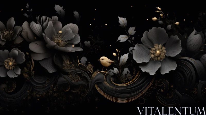 Dark Moody Floral with Whimsical Bird AI Image