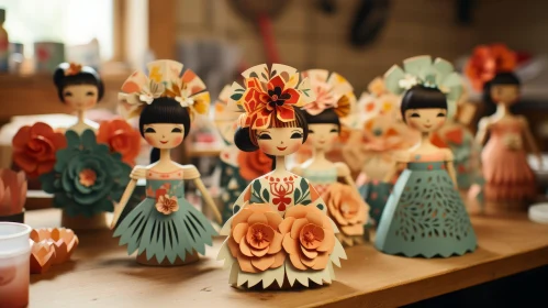 Elegant Paper Dolls Displayed on Wooden Table