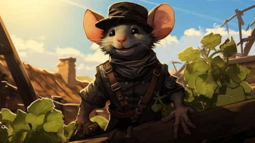 Fantasy Mouse in Military Uniform on Ruined City Fence