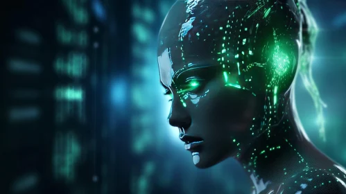 Female Cyborg Portrait with Green Glowing Eyes