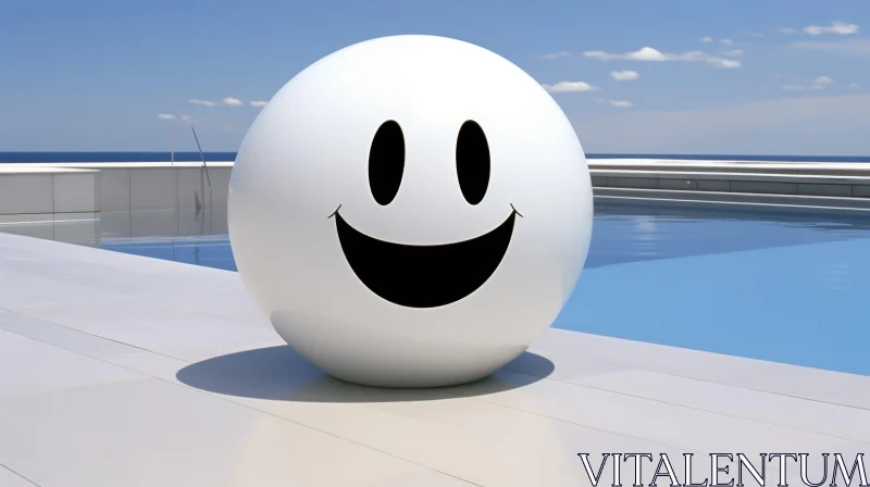 AI ART Happy White Smile Ball in Infinity Pool by the Sea