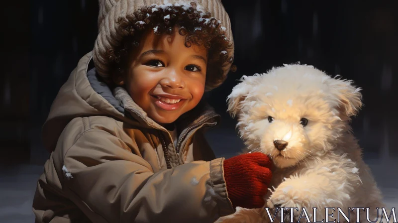 Joyful Child with Teddy Bear in Snowy Forest AI Image