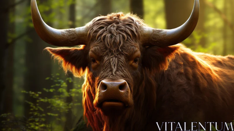 Majestic Bull Portrait in Sunlit Forest AI Image