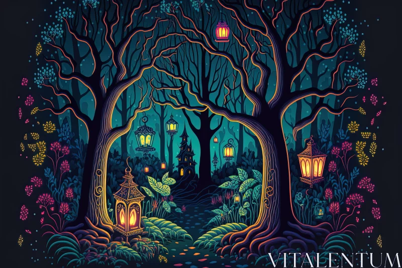 Neon Forest with Lanterns - Hyper-Detailed Illustration AI Image