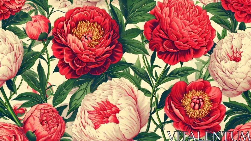 AI ART Red and White Peony Flowers Seamless Pattern