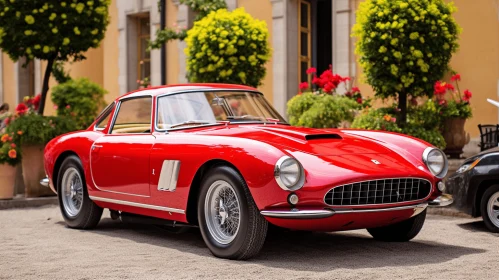 Vintage Red Car in Front of Flowering Plants | Polished Craftsmanship