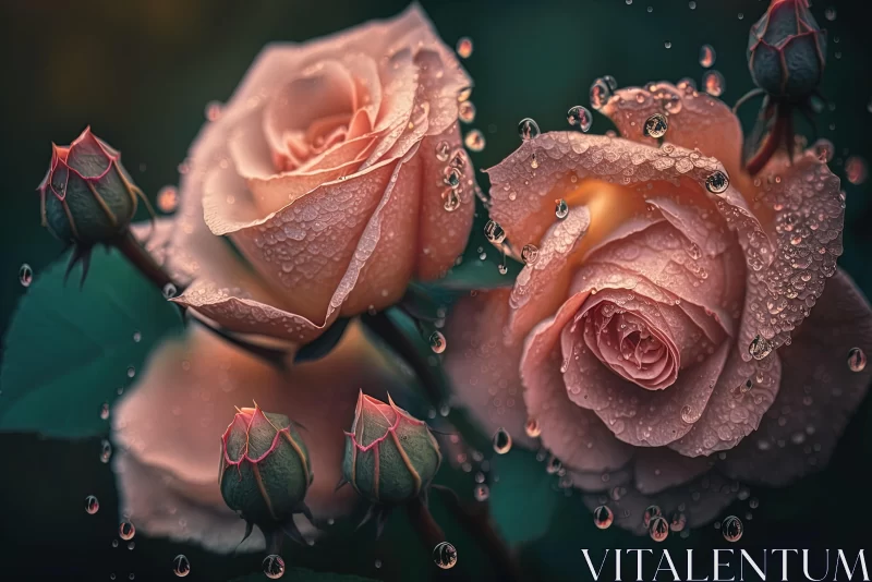 Captivating Pink Roses with Raindrops: A Delicate Fantasy AI Image