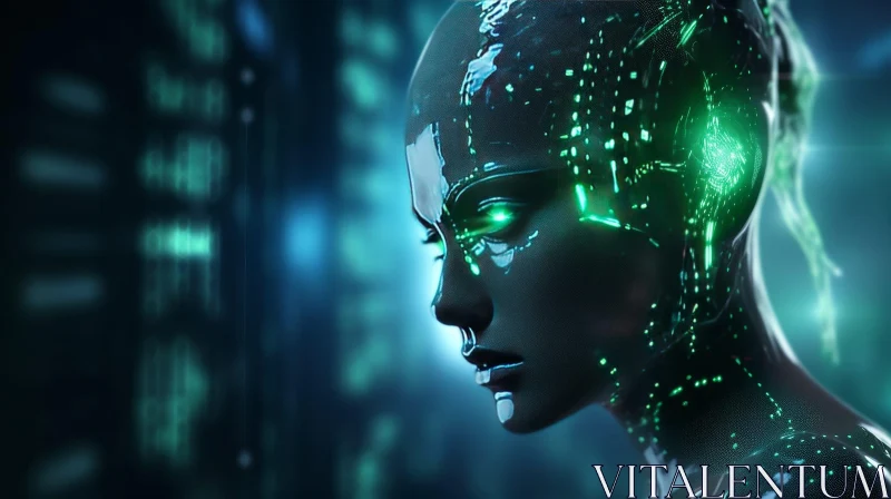 Female Cyborg Portrait with Green Glowing Eyes AI Image